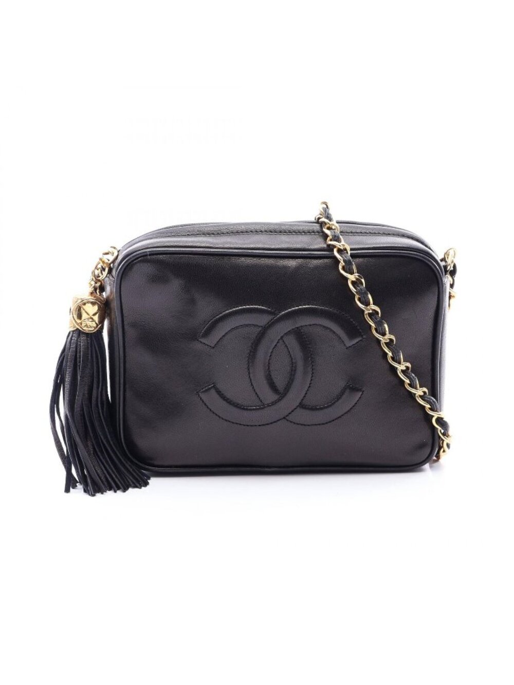 Chanel Shoulder Bag CC Logo Black Lambskin Fringe Chain
